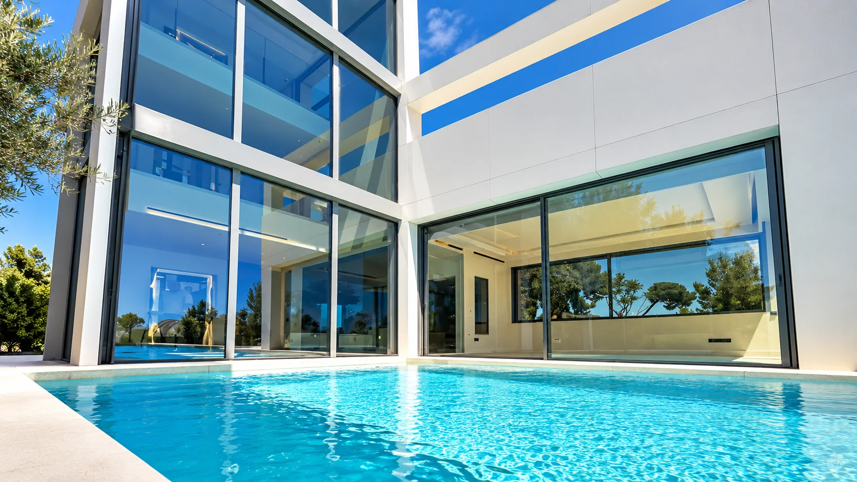 Vivienda contemporánea con piscina y grandes cerramientos de aluminio y vidrio
