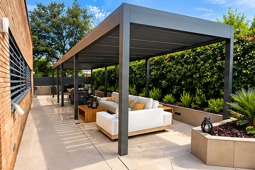 Pérgola bioclimática oscura terminada con mobiliario exterior